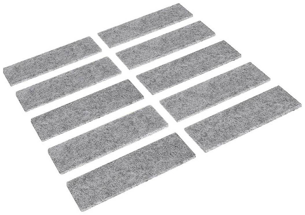 Dix bandes de feutre gris rectangulaires, disposées uniformément sur un fond clair.