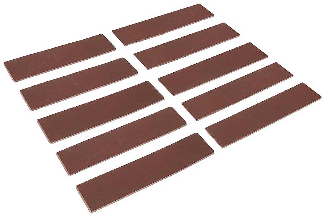 Dix bandes rectangulaires brunes sont disposées en deux rangées décalées, formant un motif symétrique sur un fond blanc.