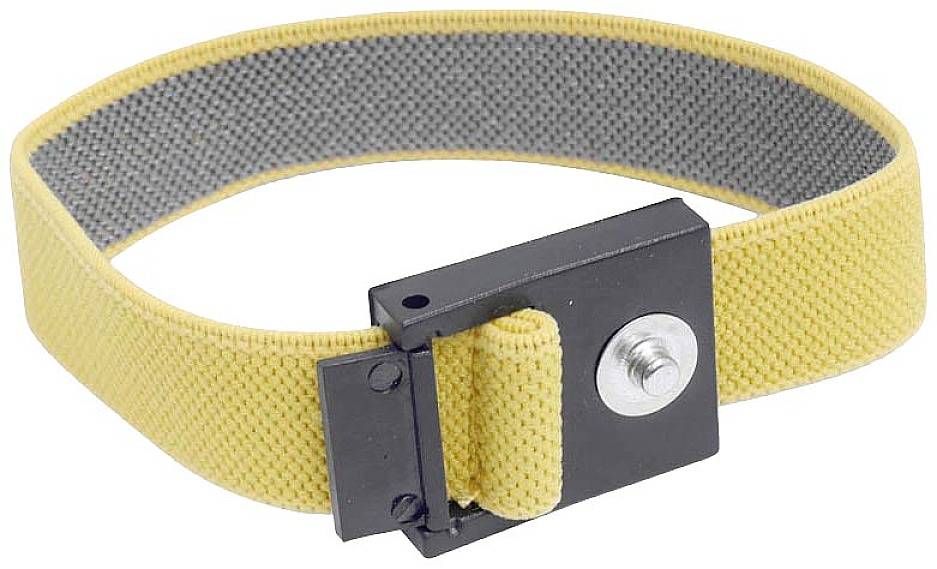 Bracelet antistatique jaune avec fermoir en plastique noir et pince métallique, utilisé pour prévenir les décharges électrostatiques.