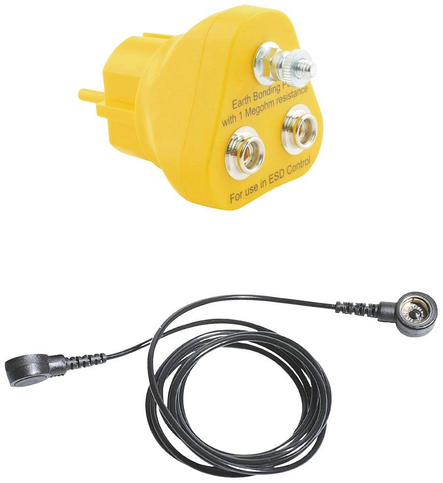 Fiche de mise à la terre jaune avec trois connexions métalliques, marquée 'Earth Bonding Plug' et câble avec clip de connexion, pour le contrôle ESD.