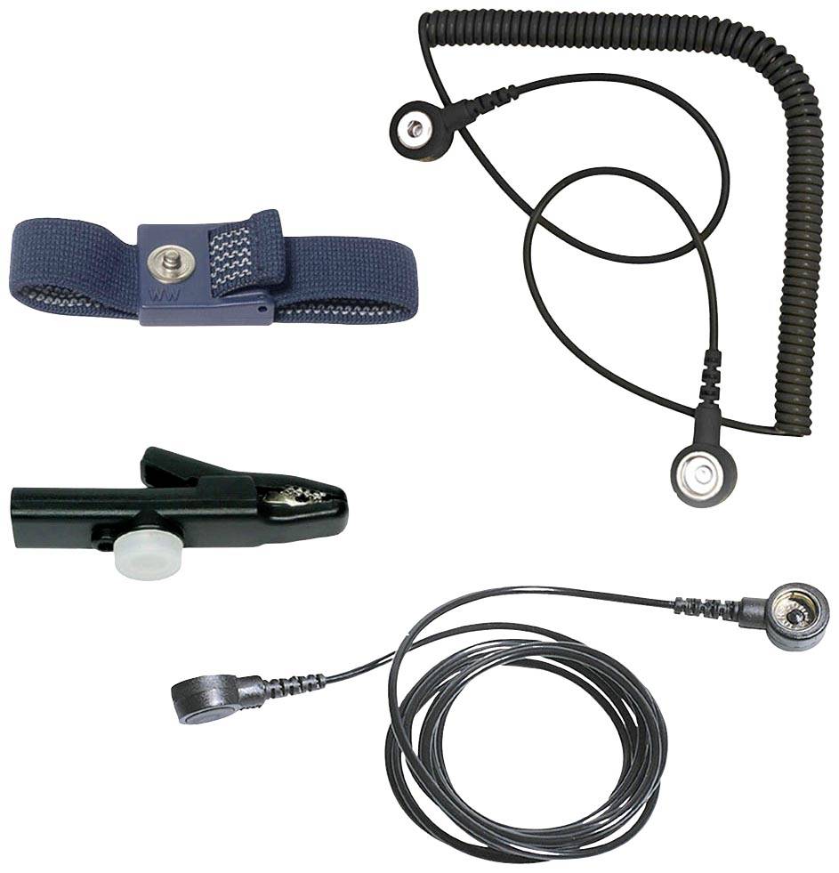 L'image présente divers produits de mise à la terre : bracelet, câble spiralé, câble avec pince et câble plat avec connecteur.