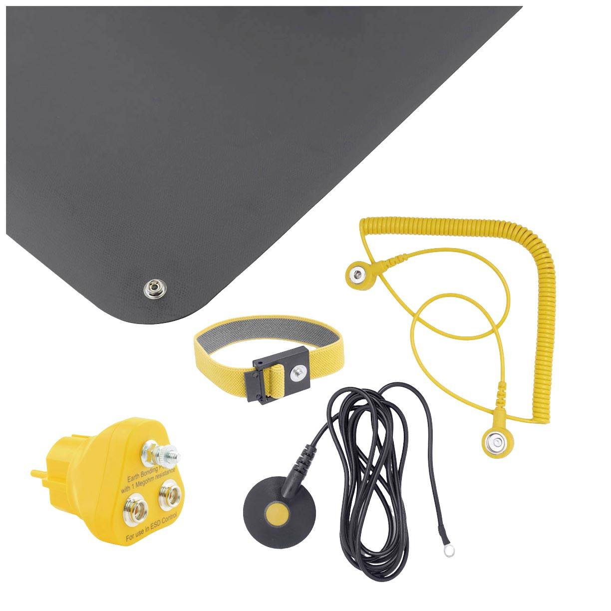 Ensemble de mise à la terre comprenant un dispositif de mise à la terre, un câble, un bracelet et une fiche en jaune et noir. Accessoires pour la mise à la terre et la décharge de l'électricité statique.