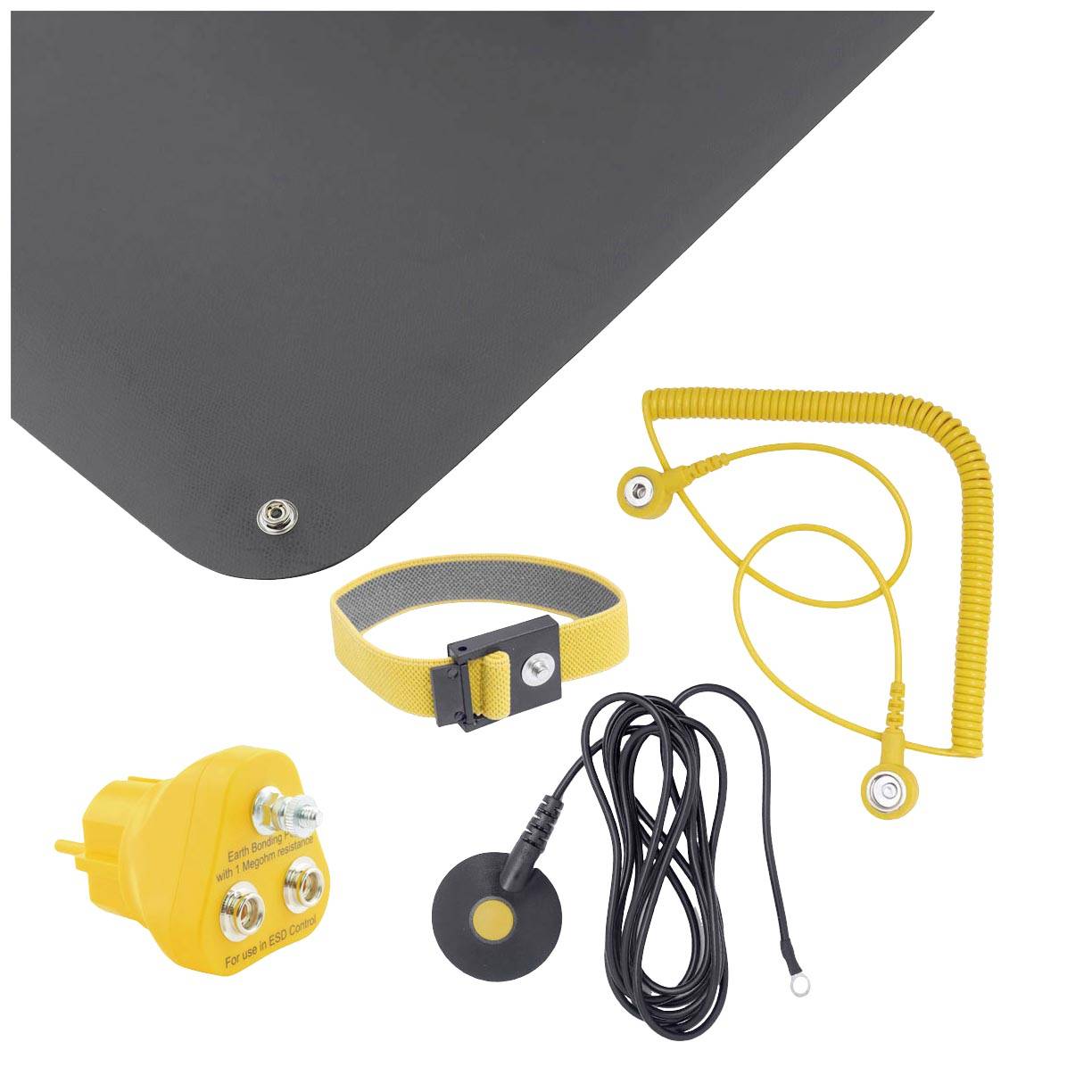 Tapis de mise à la terre avec câble jaune, bracelet, fiche et câble de connexion. Utilité : Décharge de l'électricité statique pour la sécurité.