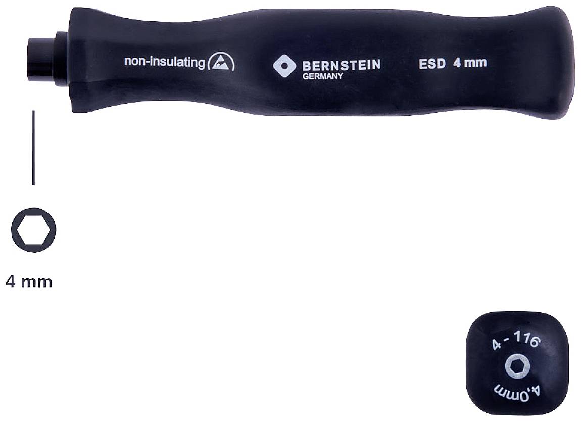 Poignée de tournevis BERNSTEIN, noir, avec inscription 'ESD 4 mm', 'non isolant', tête hexagonale, taille 4 mm.