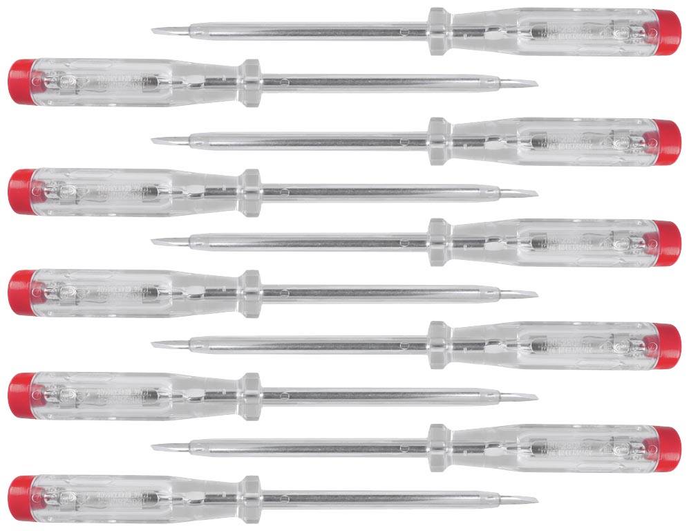 Huit testeurs de tension avec manche en plastique transparent et capuchon rouge, alignés parallèlement, pointant vers la droite.