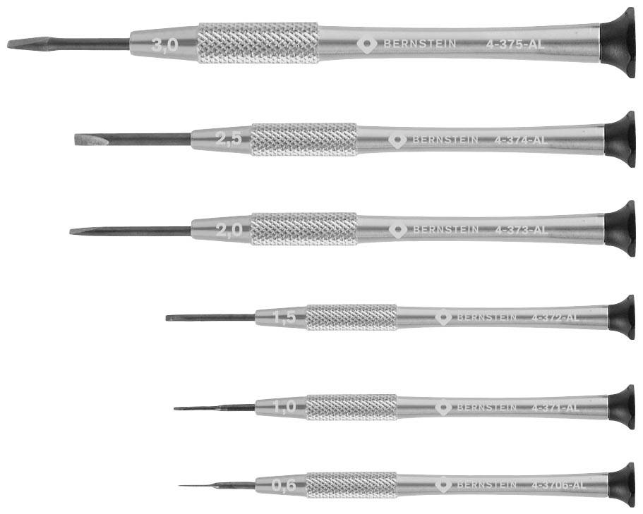 Six tournevis de précision de différentes tailles, du plus grand au plus petit : 3,0, 2,5, 2,0, 1,5, 1,2, 1,0 mm.