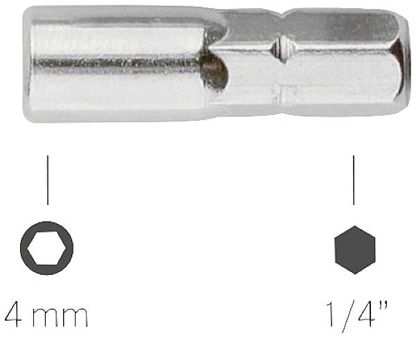 Un outil en métal argenté avec une ouverture hexagonale. En dessous, deux symboles : '4 mm' en tant que six-pans et '1/4