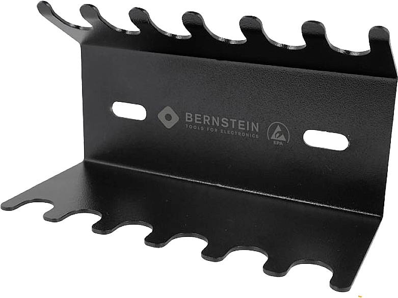 Un support à outils noir en métal avec plusieurs fentes pour ranger des outils, portant le logo et le texte « Bernstein Tools for Electronics ».
