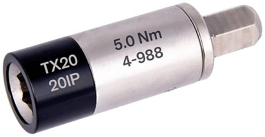 Outil de couple avec l'inscription 'TX20 20IP', '5.0 Nm', '4-988'. Utilisé pour le réglage précis du couple de serrage des fixations.