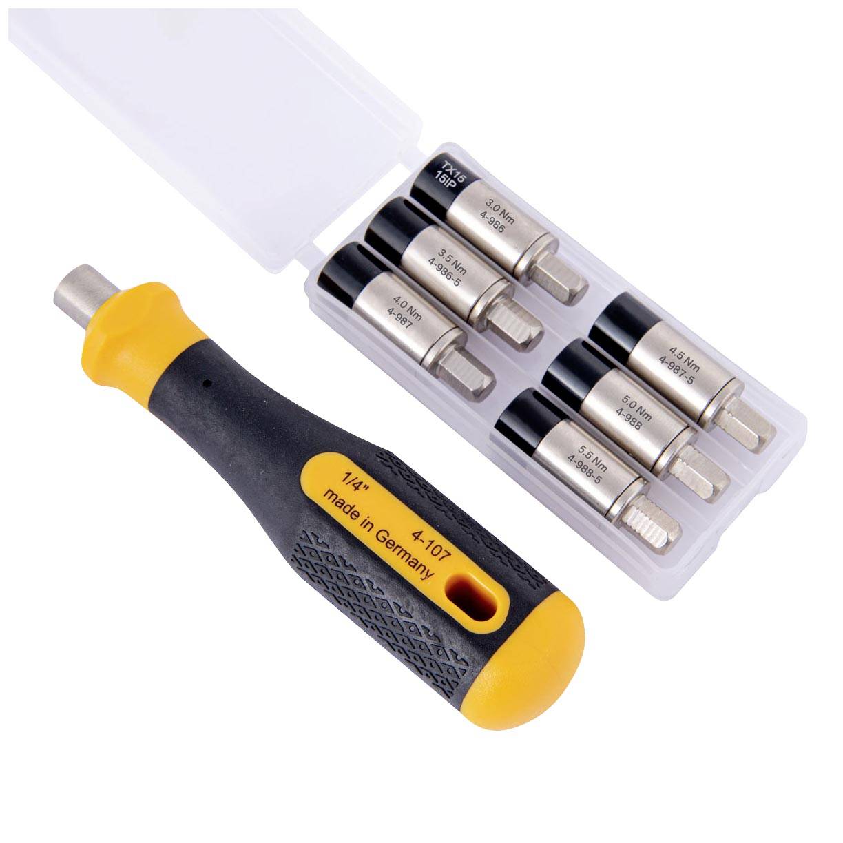 Tournevis à poignée jaune à côté d'un jeu d'embouts interchangeables dans un coffret transparent. Inscription : « Made in Germany ».