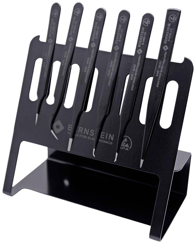 Un ensemble de support noir composé de six outils fins et noirs pour les travaux électroniques, disposés verticalement.