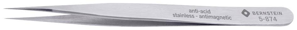 Une pince à épiler argentée, incurvée, portant l'inscription « anti-acid stainless antimagnetic BERNSTEIN 5-874 ».