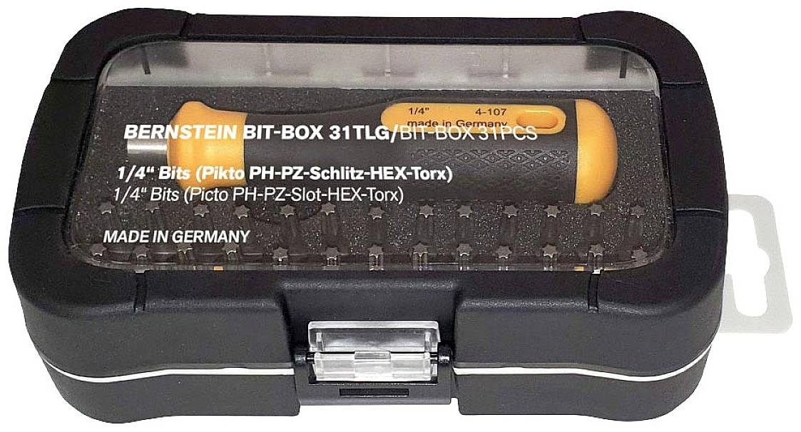 Ensemble d'outils avec manche de tournevis et 31 embouts, comprenant des Phillips, des Pozidriv, des plats, des hexagonaux et des Torx. 'Made in Germany' sur l'emballage.