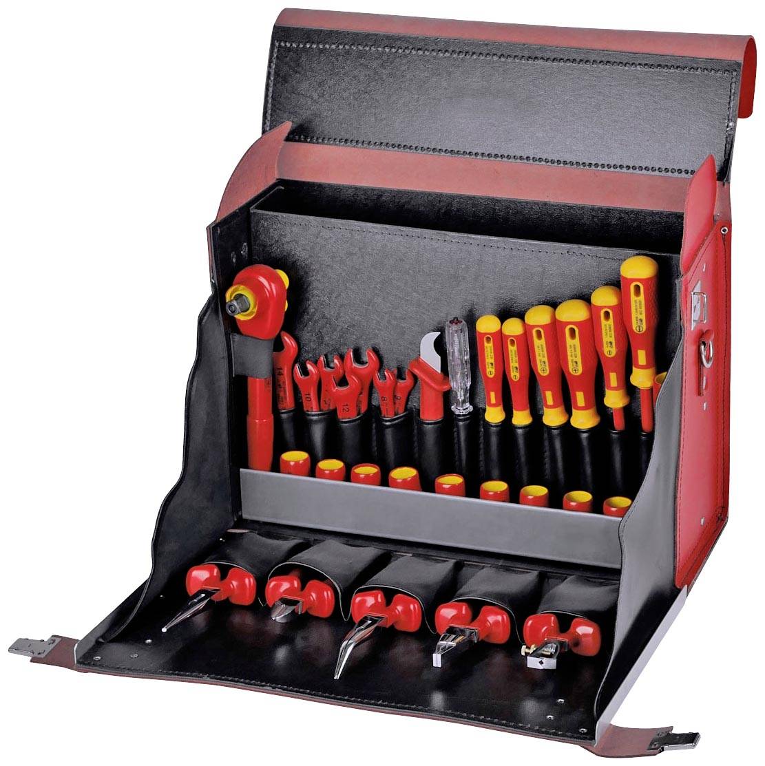 Boîte à outils avec couvercle ouvert, remplie de tournevis de différentes couleurs, de clés et de pinces.