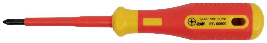 Tournevis isolé avec poignée rouge et embout jaune, adapté pour des tensions jusqu'à 1000 volts, conforme à la norme IEC 60900.