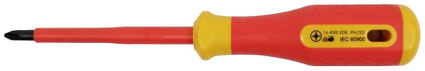 Un tournevis cruciforme isolé avec une poignée rouge et jaune, adapté aux travaux sur des appareils électriques jusqu'à 1000 V.