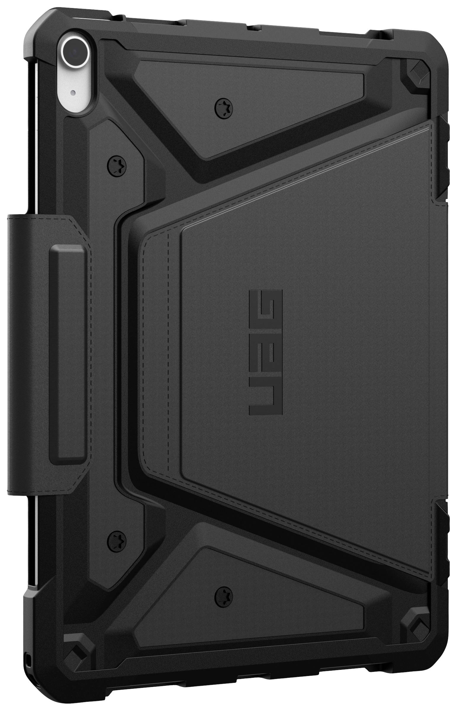 Étui de protection pour tablette, noir au design marquant, logo UAG, robuste et conçu pour résister aux chocs et aux chutes.
