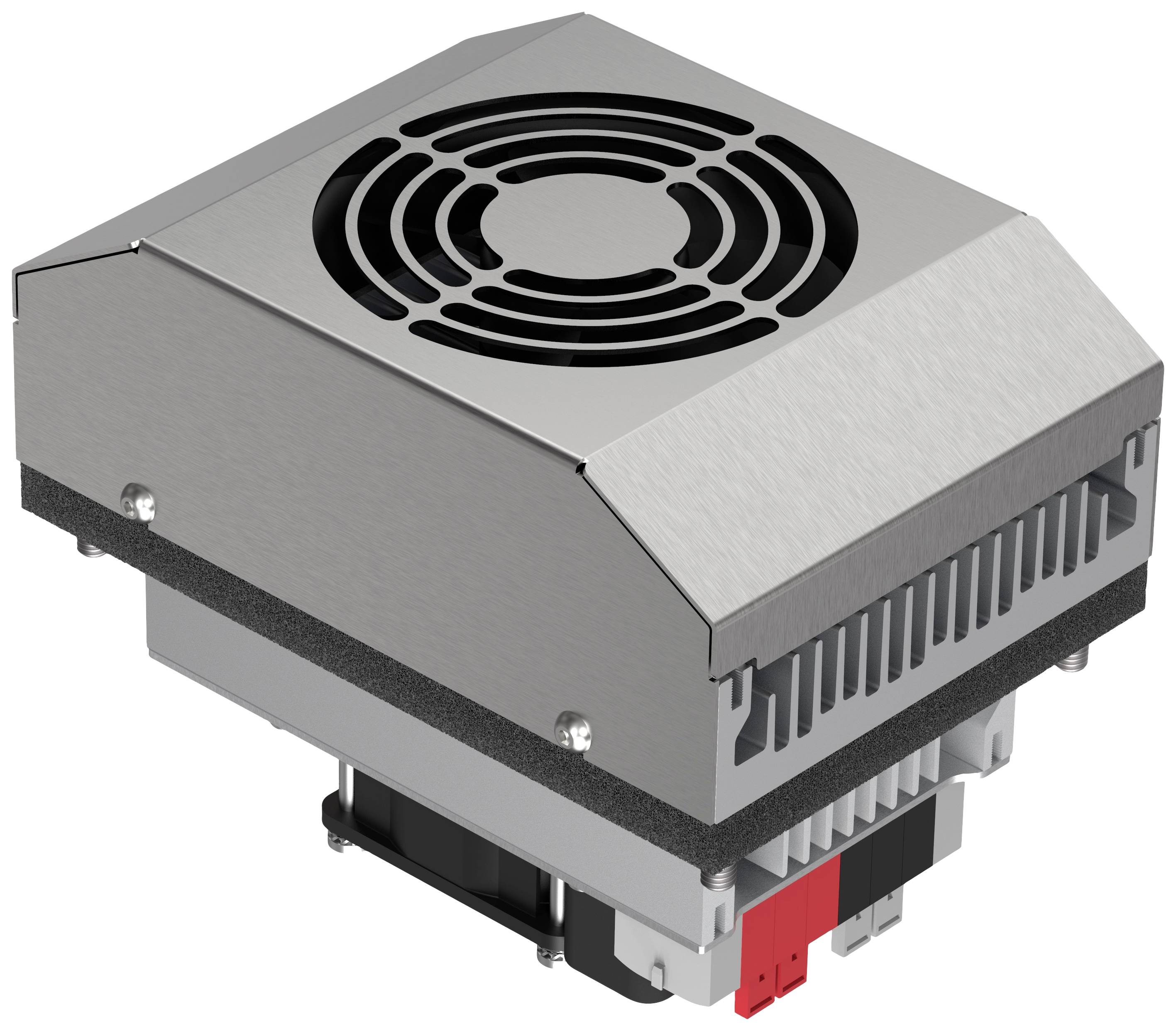 Ventilateur métallique avec couvercle protecteur et fentes de ventilation, utilisé pour le refroidissement d'appareils électroniques.