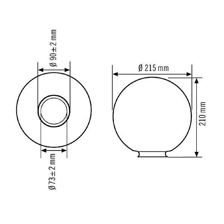Dessin d'une lampe sphérique avec dimensions : diamètre 215 mm, hauteur 210 mm. Diamètre de l'anneau intérieur 90 mm ± 2 mm, socle 73 mm ± 2 mm.