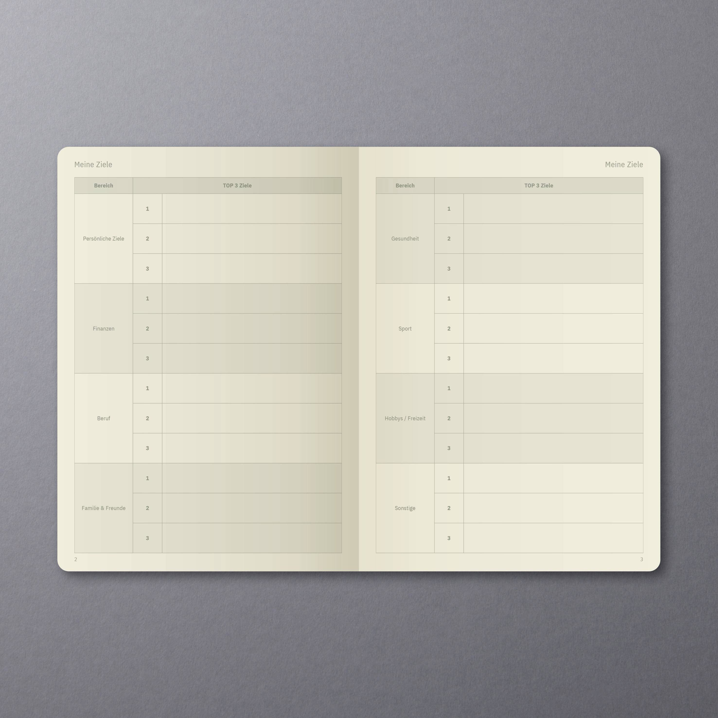 Carnet ouvert avec un tableau répertoriant des objectifs dans différents domaines de la vie tels que la vie personnelle, la carrière, la famille et les amis.
