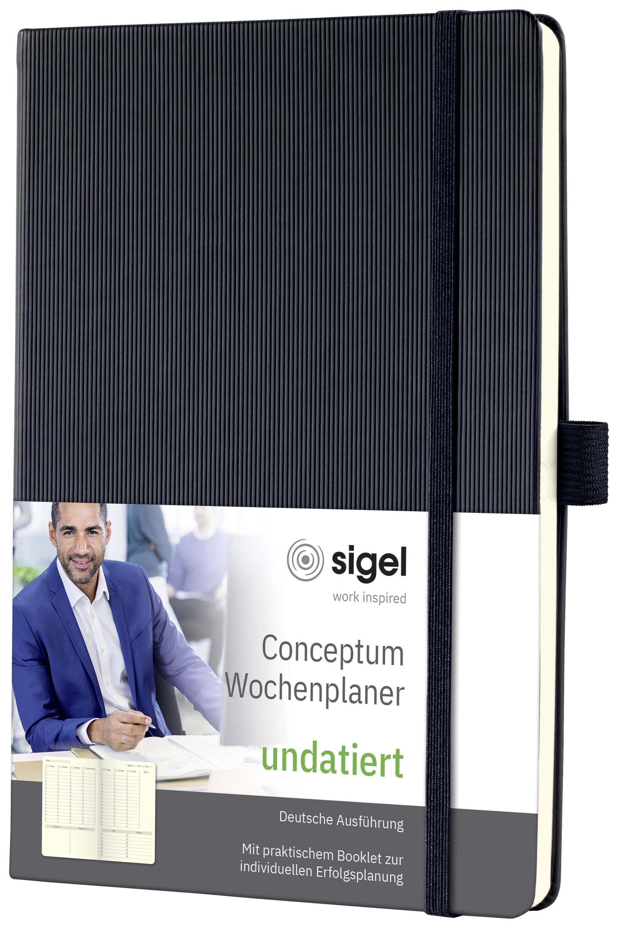 Un planificateur hebdomadaire non daté de Sigel avec une couverture noire, une fermeture élastique et une pochette amovible représentant un homme souriant.