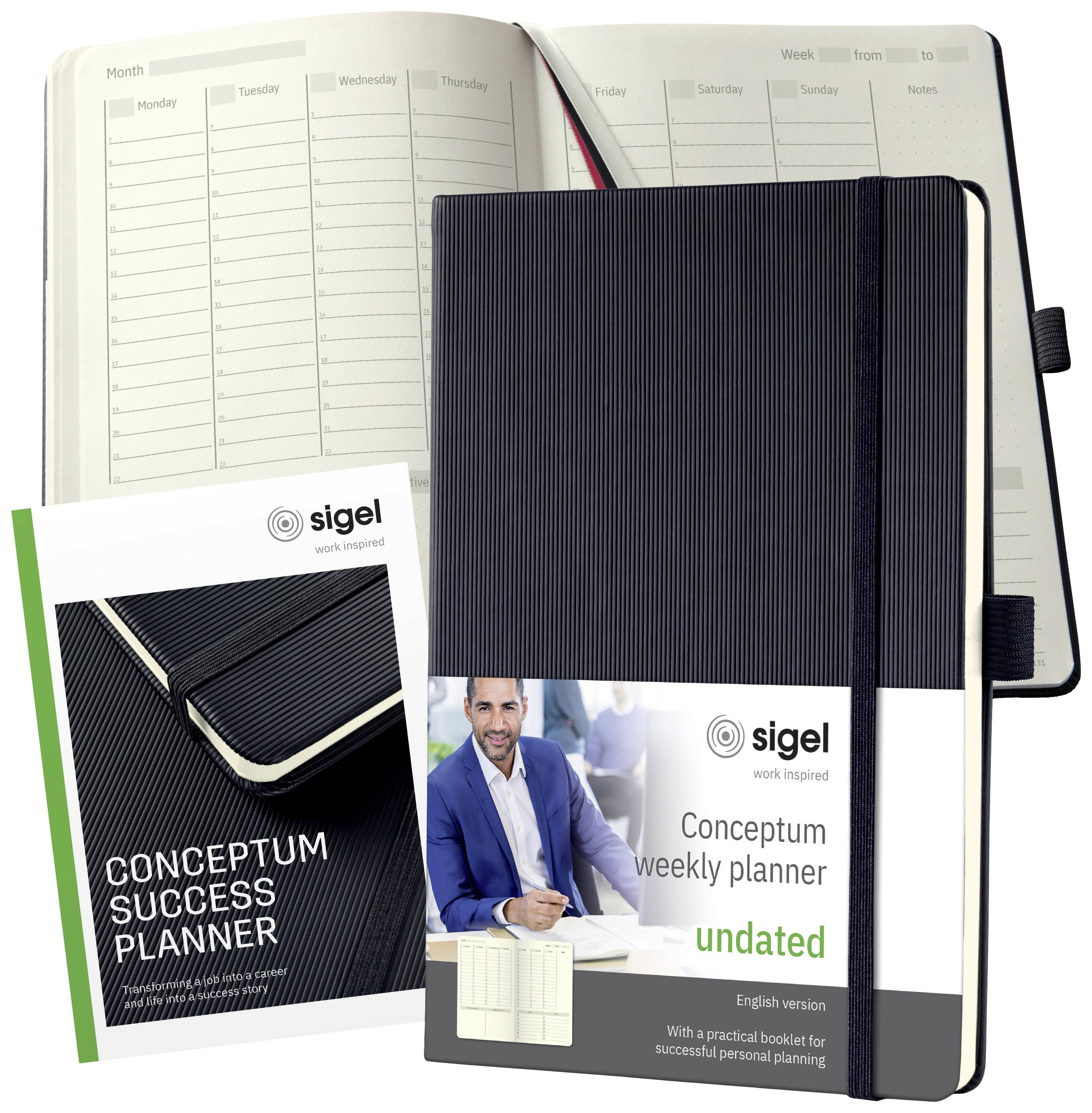 Un agenda ouvert montre les jours de la semaine et des colonnes de notes. À côté se trouve un livre avec l'inscription en couverture « Conceptum Success Planner ».
