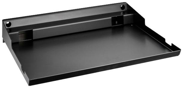 Plateau rectangulaire noir en métal avec un rebord surélevé à l'arrière et des bords plats sur les côtés, probablement destiné à des fins de rangement.
