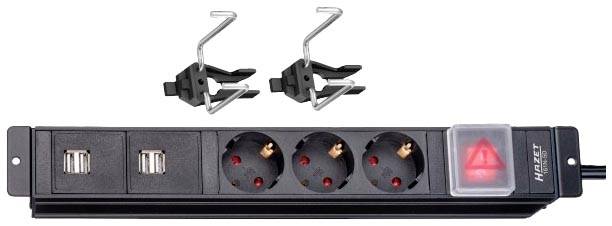 Bloc multiprises avec trois prises Schuko, deux ports USB et deux supports de fixation. Un interrupteur affiche un symbole d'avertissement rouge.