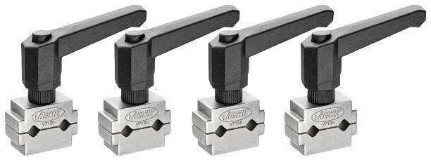 Quatre leviers de serrage avec poignées ergonomiques et blocs métalliques rectangulaires, adaptés pour la fixation d'outils ou de machines.