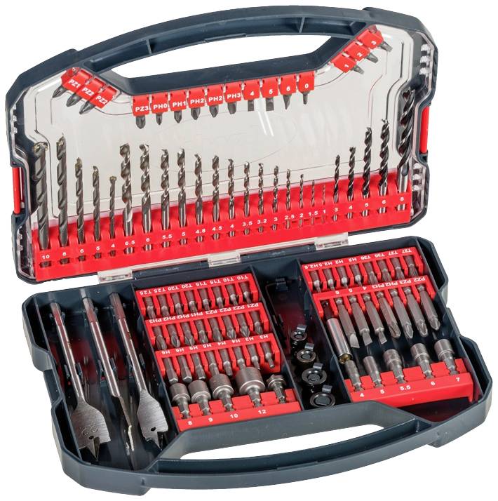 Une valise ouverte contenant une variété d'embouts de forage et de vissage, triés dans des supports rouges.