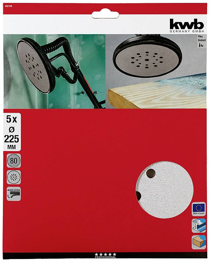 Ensemble de disques de ponçage de 5 pièces pour machines à poncer, diamètre 225 mm. Adapté aux surfaces en bois et en métal. Marque : kwb.