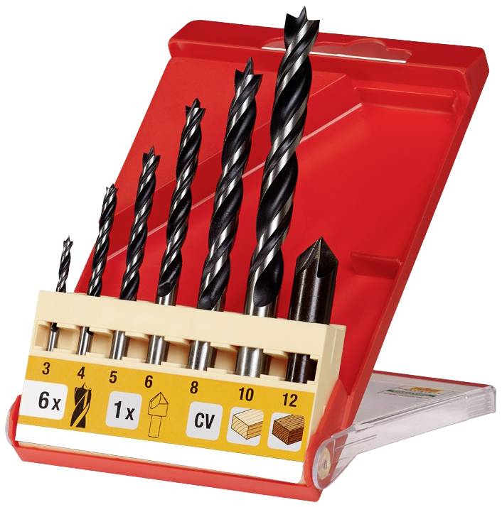Un ensemble de six forets en bois noir de différentes tailles, rangés dans un support rouge. Convient pour le travail du bois, comme illustré.