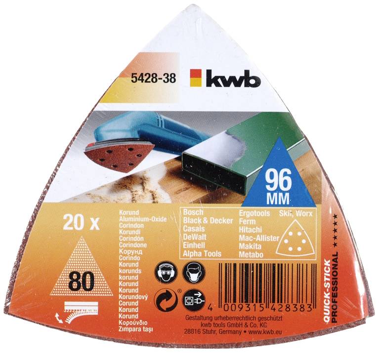 Étiquette de produit d'un disque abrasif. Contient des logos de marque, grain 80, diamètre de 96 mm, 20 pièces. Code-barres EAN en bas.