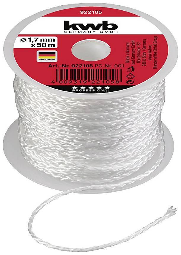Cordon blanc sur rouleau, diamètre 1,7 mm, longueur 50 m. Fabricant : KWB Germany GmbH. Numéro de produit : 922105.