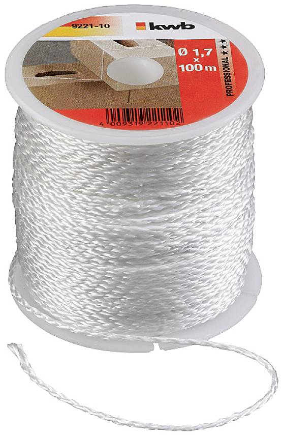Rouleau de ficelle blanche, longueur 100 m, diamètre 1,7 mm, marque KWB. Un bobineau destiné à des applications professionnelles est présenté.