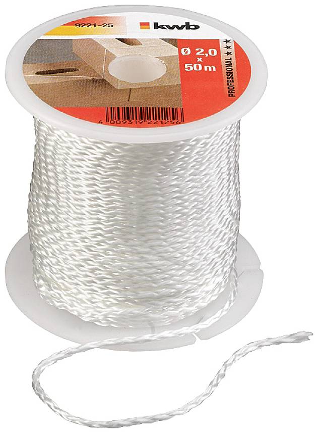 Un rouleau de ficelle blanche, de 50 m de long, 2 mm de diamètre, sur un dévidoir en plastique de la marque 'kwb', pour une utilisation professionnelle.