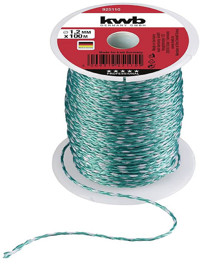 Bobine de corde tressée vert et blanc, épaisseur de 1,2 mm et longueur de 100 m. L'emballage affiche la marque 'kwb' et les indications d'utilisation.