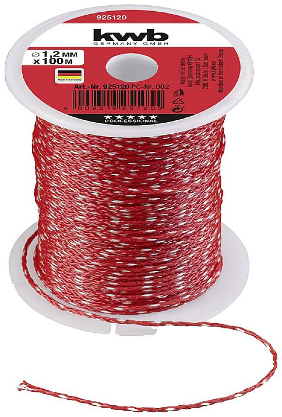 Corde rouge sur un bobineau, longue de 100 mètres et épaisse de 1,2 mm, de la marque 'kwb'. Étiquette de produit avec numéro d'article visible.