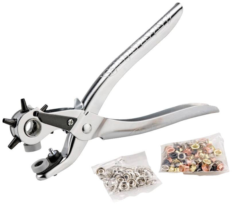 Pince perforatrice rotative en métal avec différents embouts et sachets adjacents contenant des œillets en argent, or et cuivre.