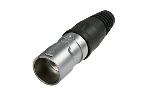 Illustration d'un connecteur XLR avec boîtier métallique et partie en plastique noir. Utilisé pour les connexions audio dans des applications professionnelles.