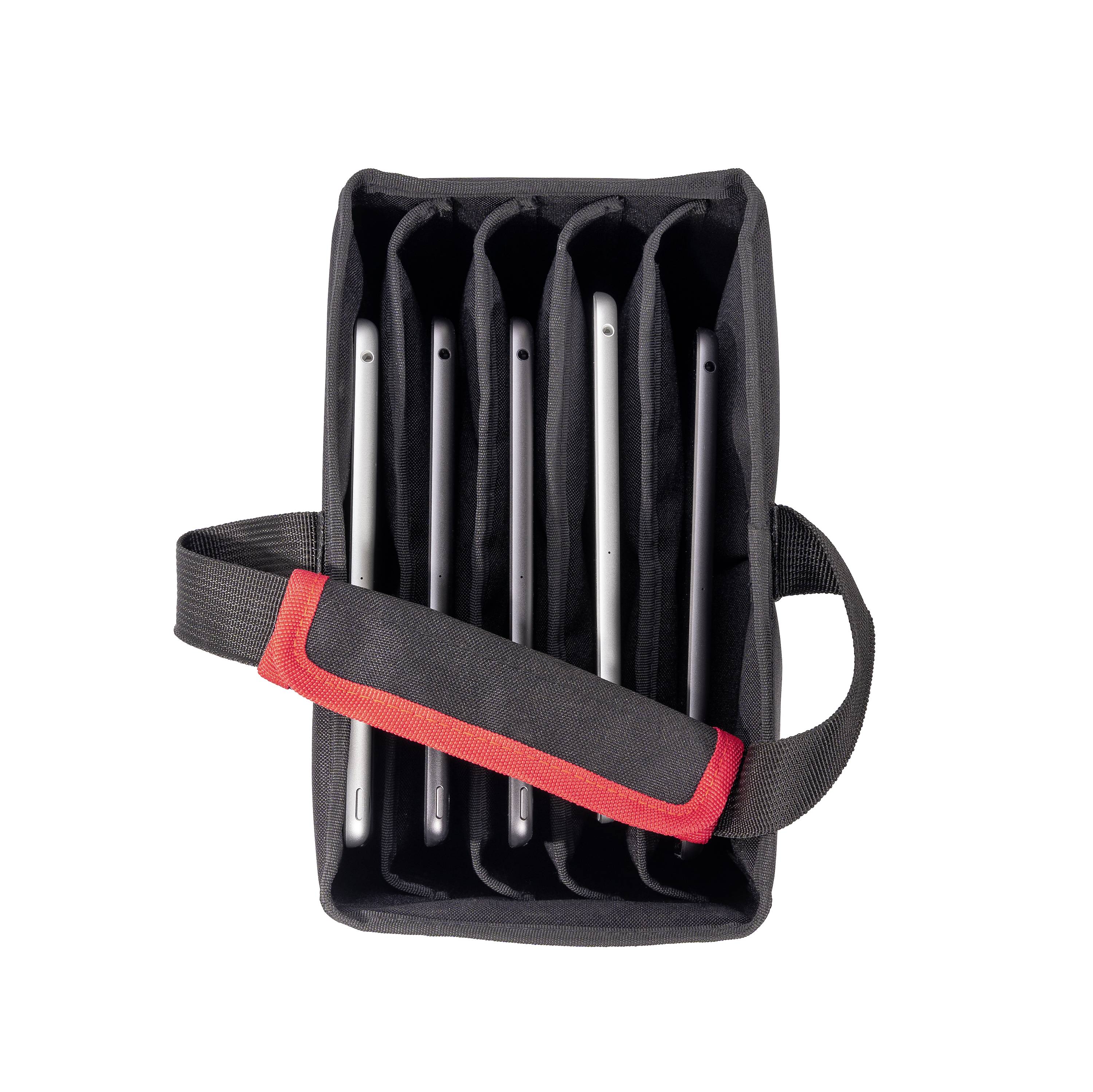 Sacoche avec cinq tablettes dans des compartiments séparés pour un transport organisé. Sacoche en tissu noir avec une poignée rouge.