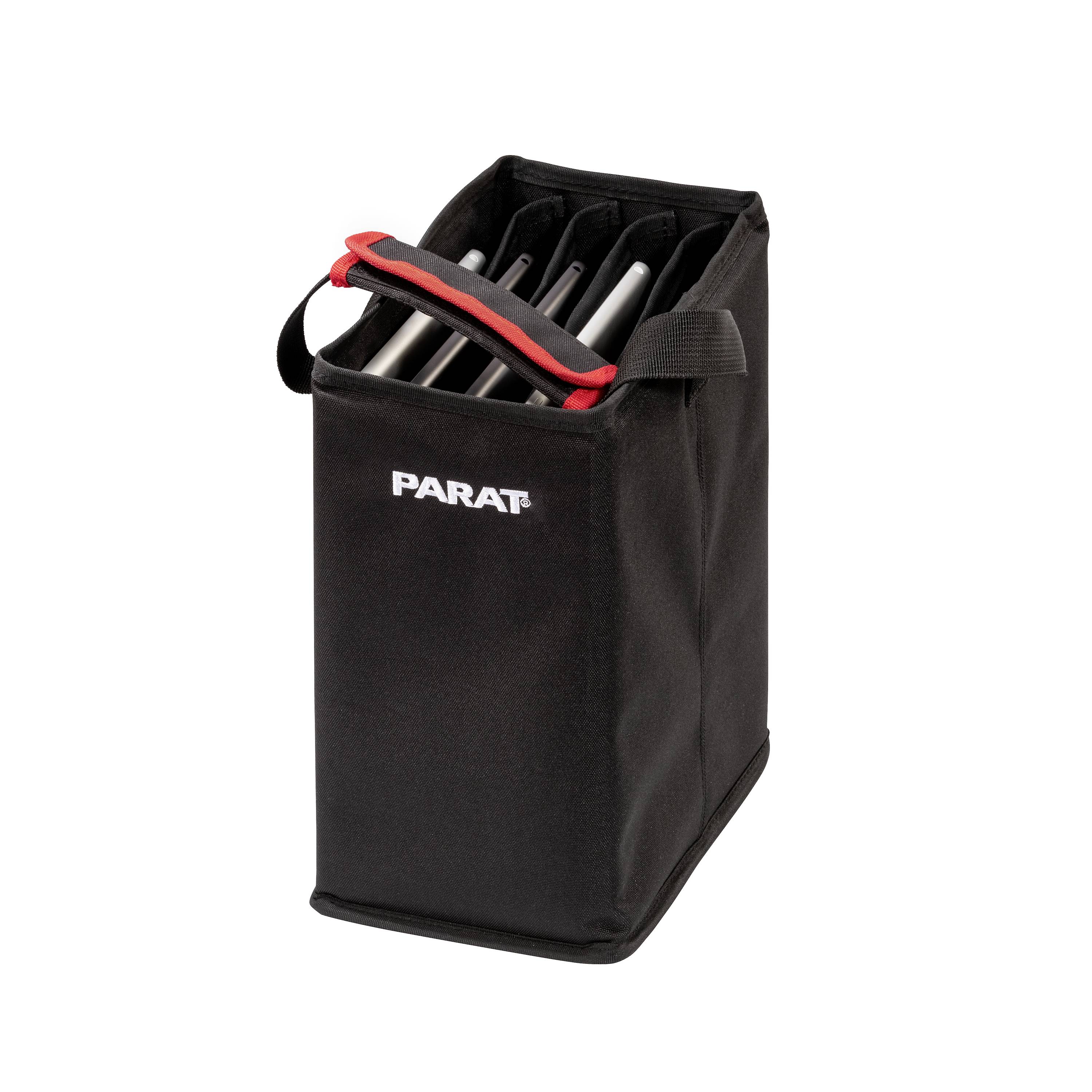 Sacoche noire Parat à plusieurs compartiments, remplie de tablettes ; poignée ergonomique et design robuste pour une manipulation aisée.