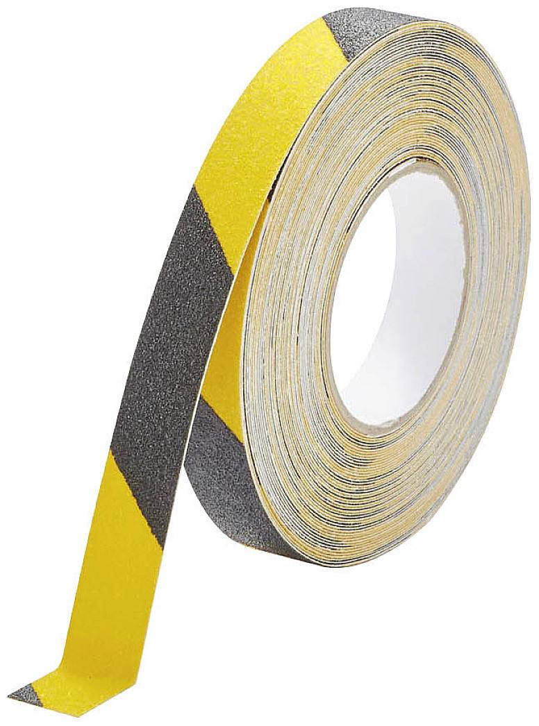 Rouleau de ruban adhésif antidérapant, rayé jaune et noir, pour marquages de sécurité au sol.