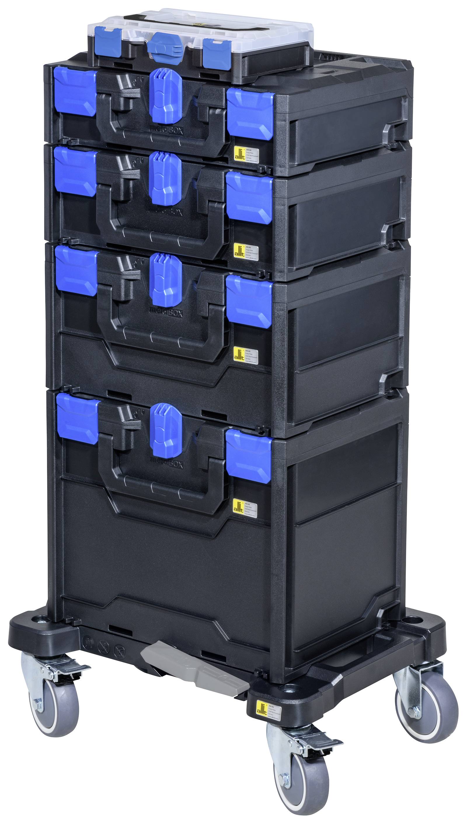 Chariot à outils noir avec quatre boîtes empilables, des fermetures bleues et des roulettes. Idéal pour le rangement et le transport des outils.