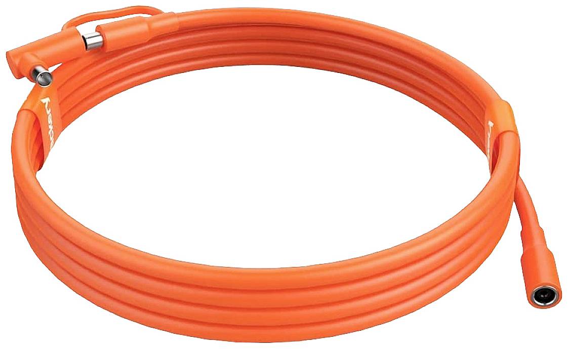Un long câble orange avec une connexion métallique à chaque extrémité, enroulé et prêt à être utilisé dans des applications électroniques.