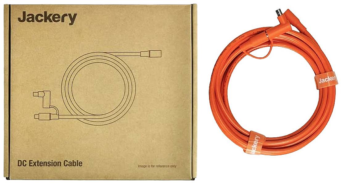 Paquet marron portant l'inscription 'Jackery DC Extension Cable' à côté d'un long câble de rallonge orange enroulé.