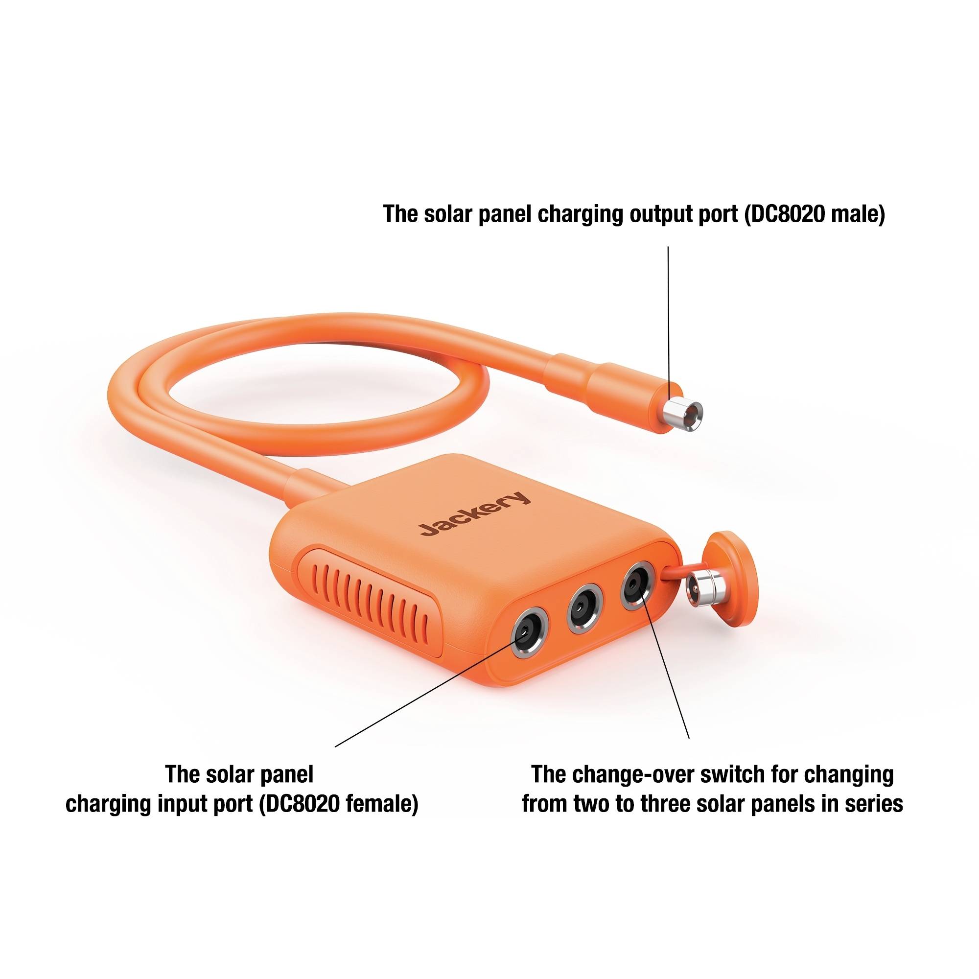 'Adaptateur orange avec deux ports d'entrée et un port de sortie pour panneaux solaires, commutateur permettant de passer de deux à trois panneaux.'