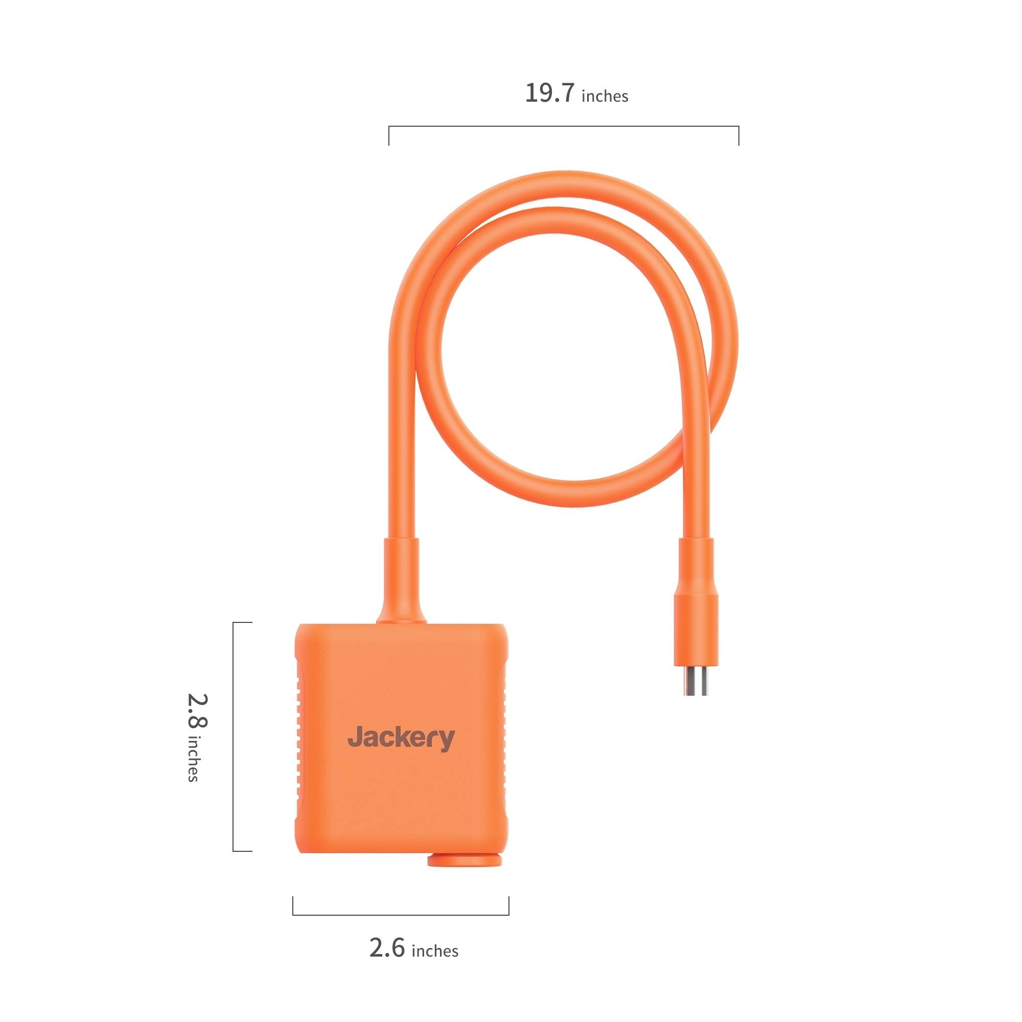 Un câble de charge orange de Jackery avec des dimensions de 2,8 x 2,6 pouces pour la fiche, longueur du câble non spécifiée.