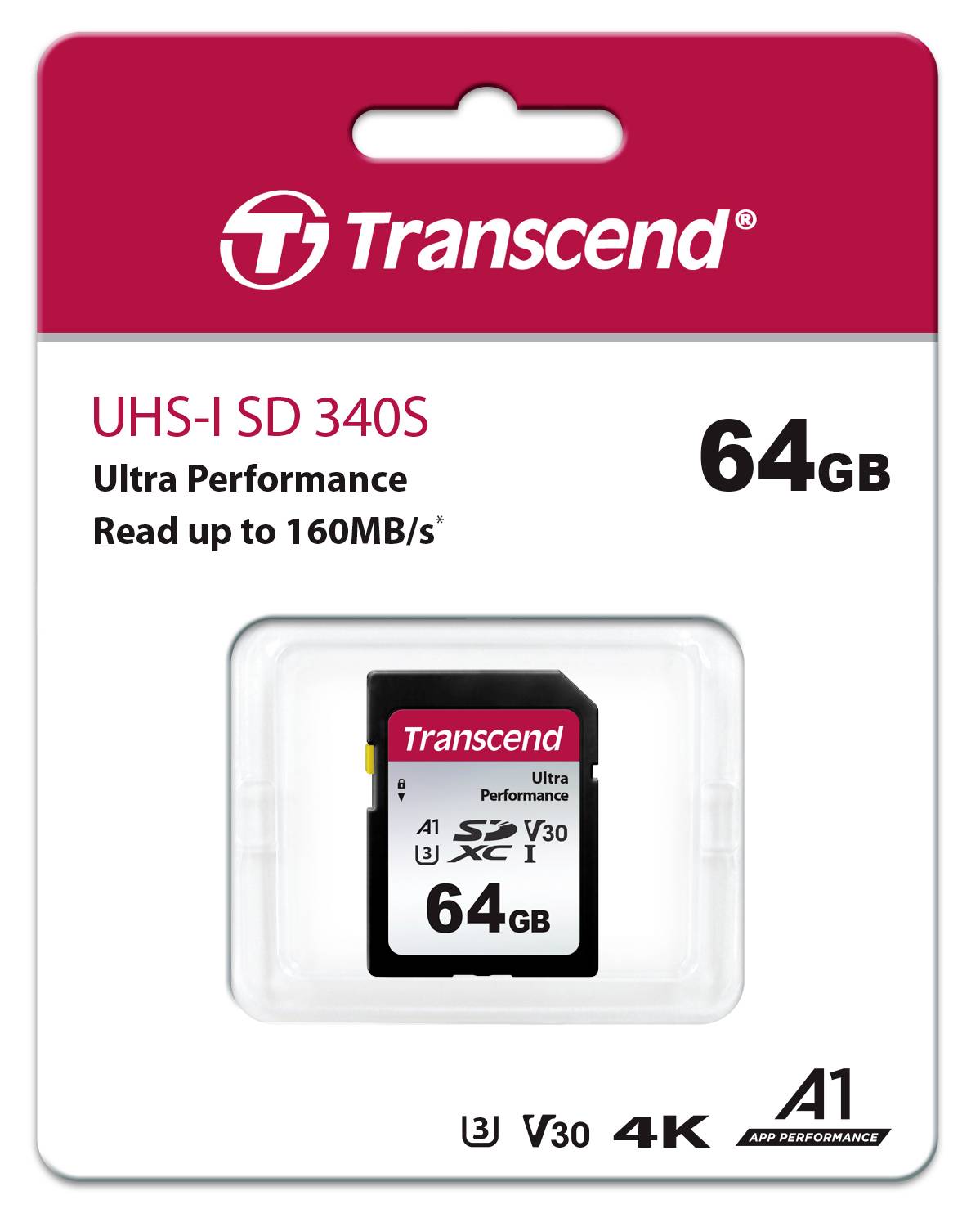 Transcend TS64GSDC340S Carte SDXC 64 GB A1 Application Performance Class, v30 Video Speed Class, UHS-Class 3 résistance aux chocs
