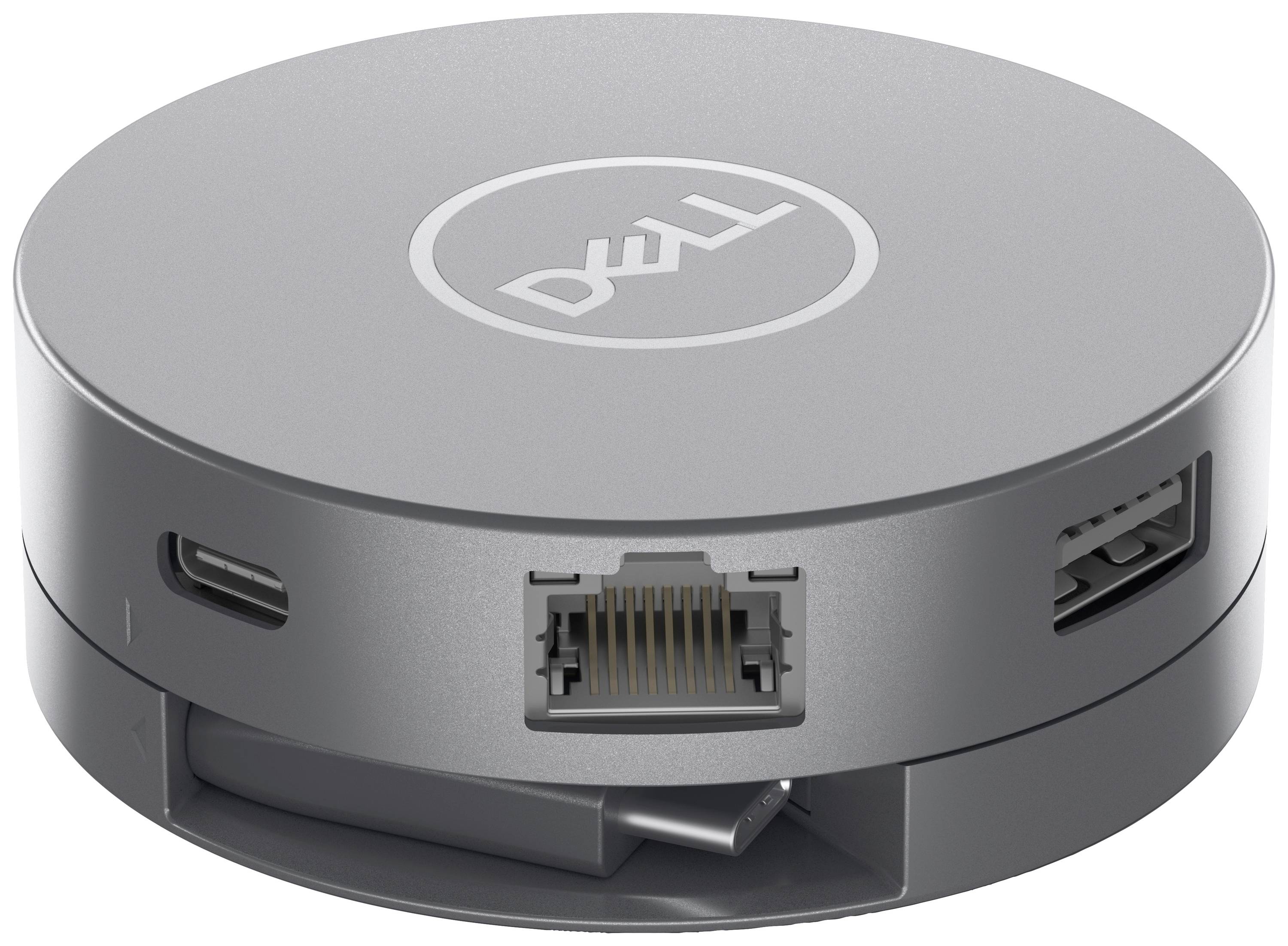 Adaptateur compact et circulaire avec logo Dell, offrant des ports USB-C, Ethernet et HDMI.